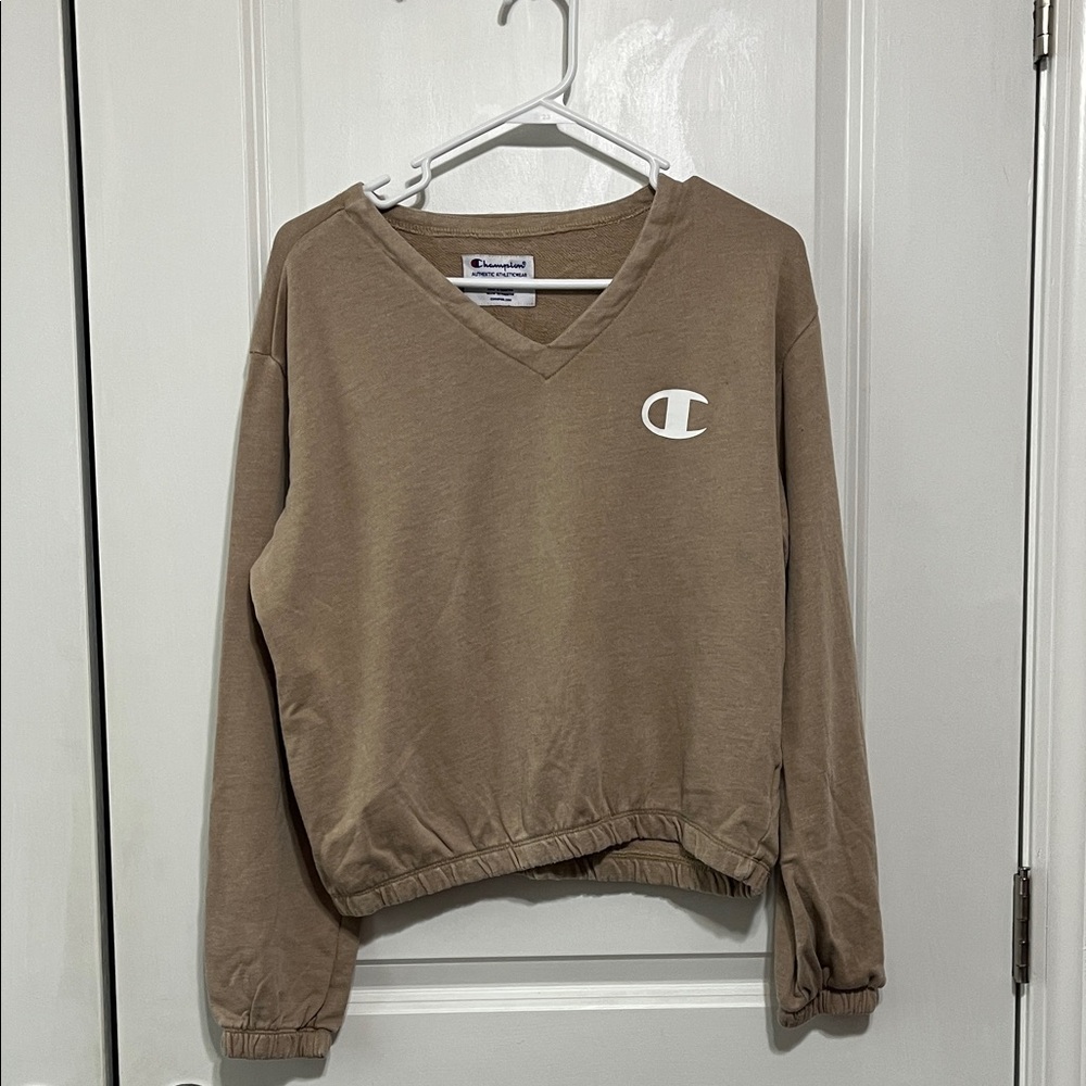 Champion Cropped Tan V-Neck Pullover Sz Small